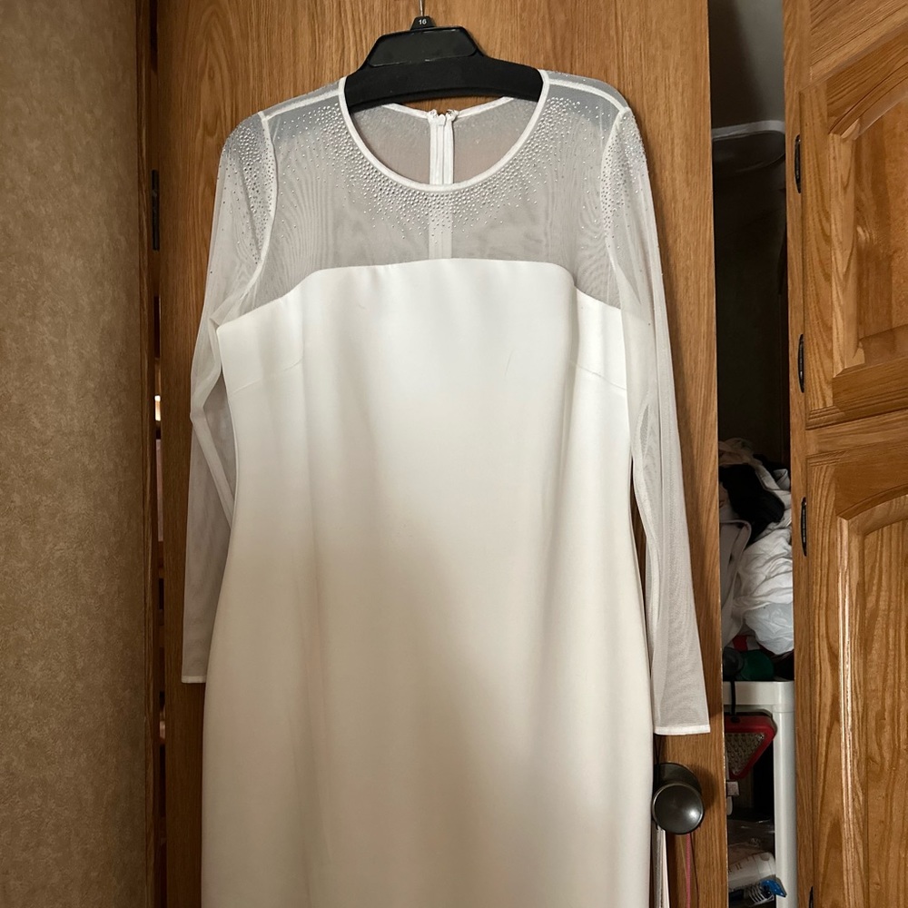 Calvin Klein special event white bejeweled dress with sheer upper and sleeves
